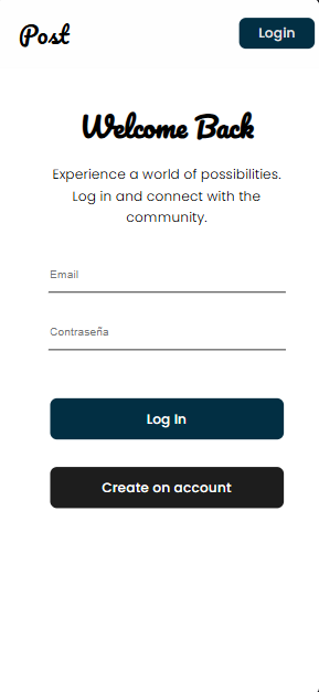 Pantalla de acceso móvil de la red social Post